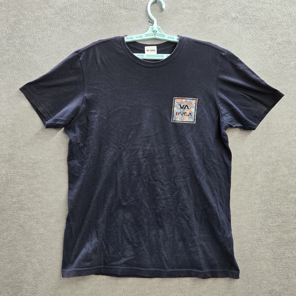 RVCA Men Shirt M Blue Floral Logo Short Sleeve